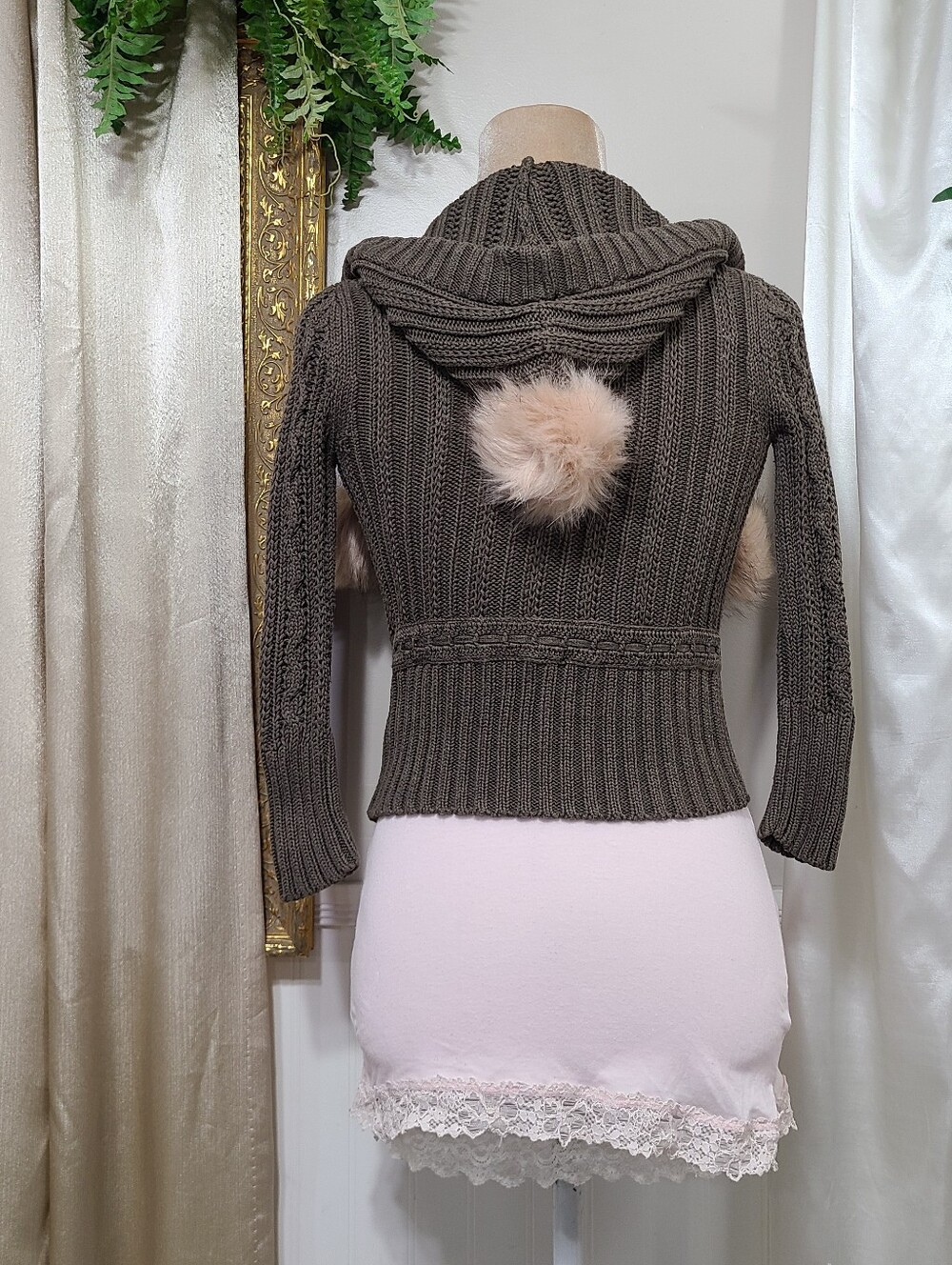 Vintage Abercrombie Brown Plaid Hearts Buttons Babydoll Sweater Furry Pom Poms - Picture 4 of 10